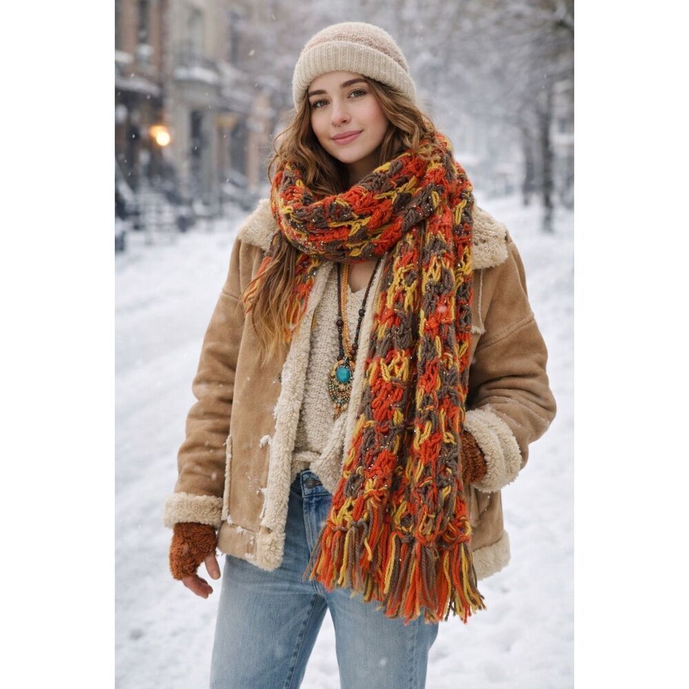 Vintage Boho retro loose weave scarf with fringe